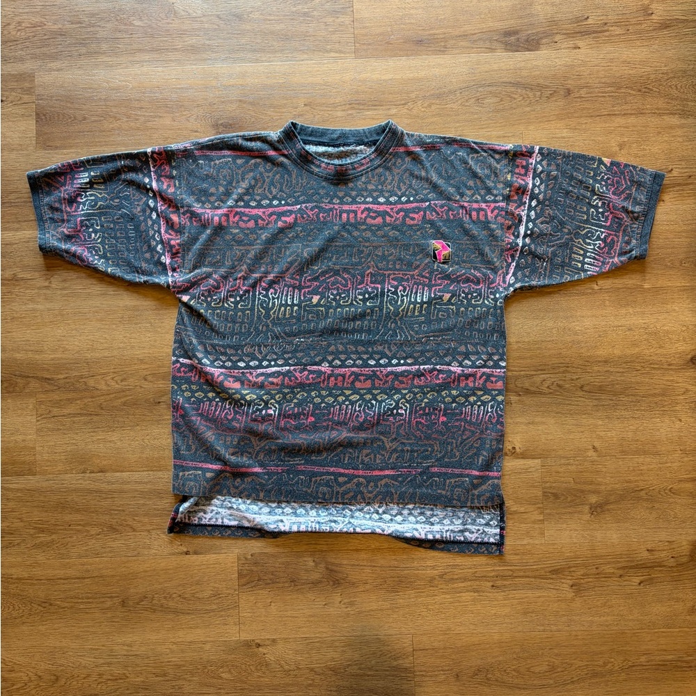 Vintage 90s All Over Print T Shirt Tribal Pattern Boxy Faded Grunge